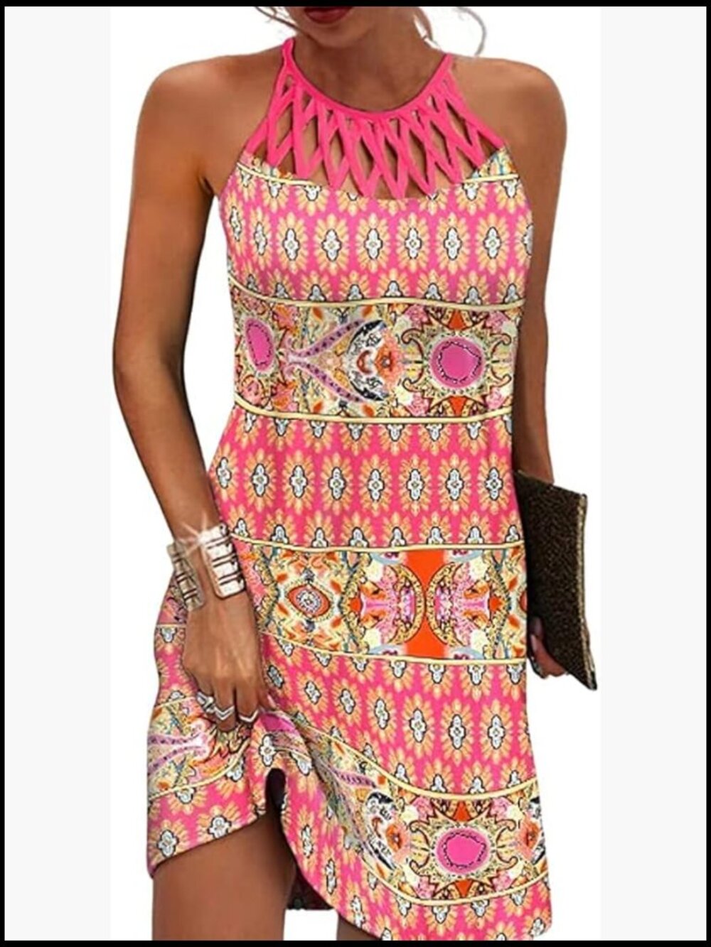 Polyester Spandex Halter Neck A-Line Sundress with Pockets